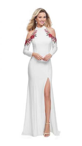 Sexy Floor Length Sheath Long Sleeves Open-Back Applique Fitted Slit Cutout Back Zipper High-Neck Floral Print Sheath Dress with a Brush/Sweep Train