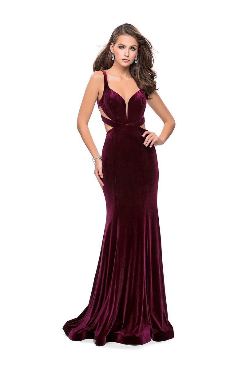 La Femme - 25866 Deep V-neck Velvet Sheath Dress
