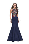 Modest Sleeveless Floor Length Floral Print Back Zipper Open-Back Racerback Fitted Natural Waistline Denim Mermaid Jeweled Neck Evening Dress/Prom Dress with a Brush/Sweep Train