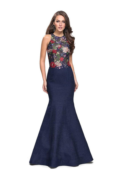 Modest Denim Mermaid Jeweled Neck Racerback Open-Back Back Zipper Fitted Natural Waistline Floor Length Floral Print Sleeveless Evening Dress/Prom Dress with a Brush/Sweep Train