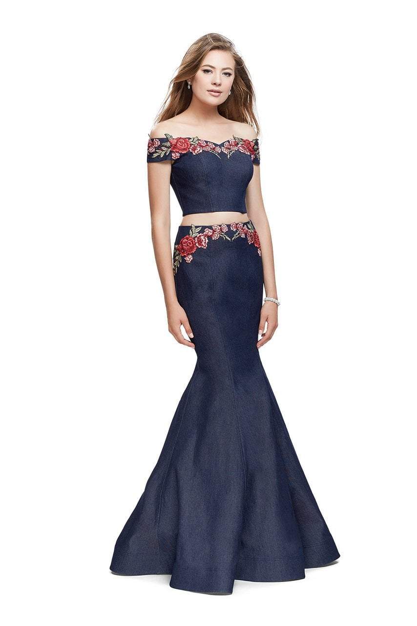 La Femme - 25924 Off The Shoulder Floral Print Denim Gown
