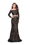 Back Zipper Beaded Fitted Lace Natural Waistline Floor Length Sheath Long Sleeves Off the Shoulder Sheath Dress/Evening Dress/Party Dress with a Brush/Sweep Train