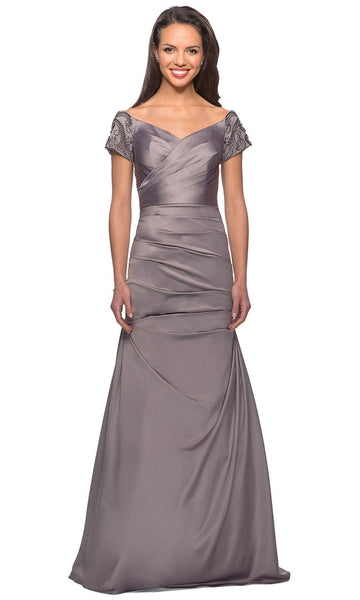 Sophisticated A-line Floor Length Sweetheart Mermaid Satin Short Sleeves Sleeves Off the Shoulder Fitted Back Zipper Pleated Beaded Ruched Wrap Evening Dress with a Brush/Sweep Train