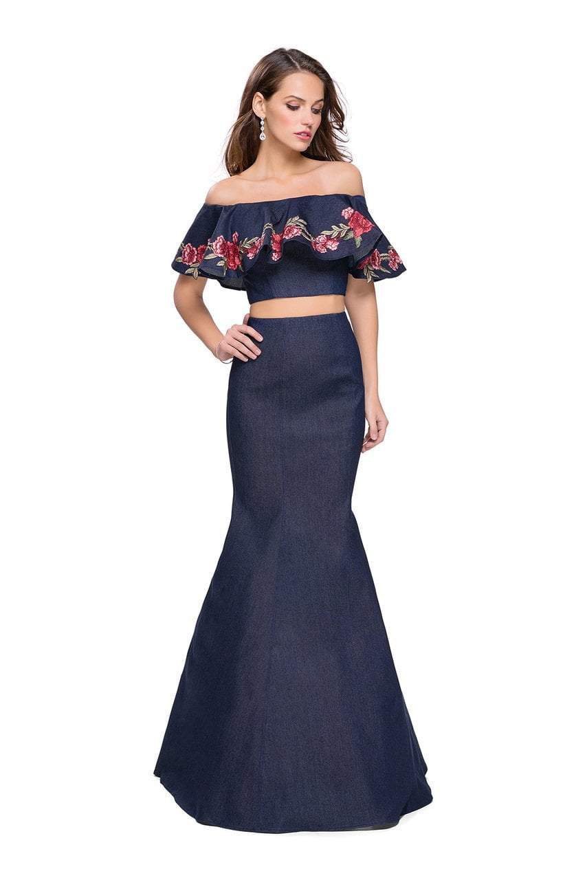 La Femme - 26013 Off The Shoulder Ruffle Denim Two Piece Gown
