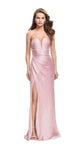 Sophisticated Strapless Floor Length Natural Waistline Plunging Neck Sweetheart Satin Sheath Illusion Pleated Open-Back Slit Draped Back Zipper Sheath Dress