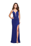 V-neck Sleeveless Sheath Jersey Plunging Neck Slit Open-Back Sheer Sheath Dress by La Femme