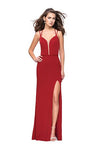 V-neck Plunging Neck Jersey Natural Waistline Sheath Sleeveless Open-Back Slit Back Zipper Fitted Sheer Sheath Dress