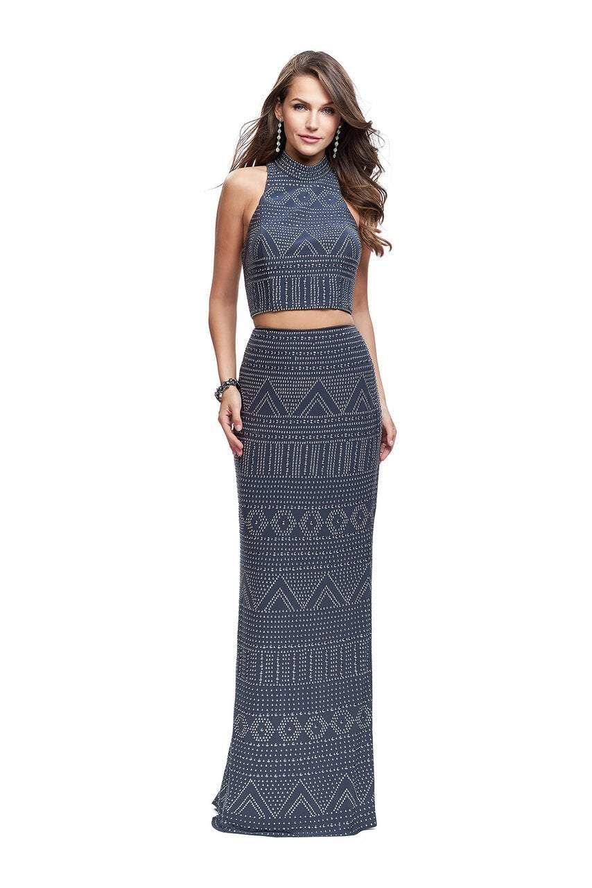 La Femme - 26045 High Neck Patterned Metallic Beaded Two Piece Gown
