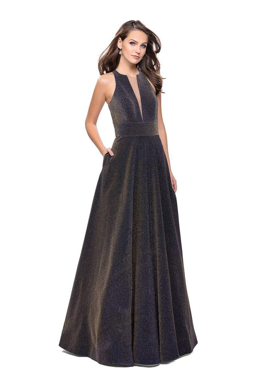 La Femme - 26073 Sparkling Mikado Halter A-line Gown
