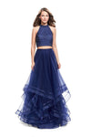 A-line Flutter Sleeves Tulle Halter Natural Waistline Jeweled Cutout Racerback Back Zipper Floor Length Dress With a Ribbon and Rhinestones and Ruffles