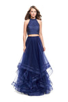 A-line Natural Waistline Floor Length Flutter Sleeves Halter Jeweled Cutout Racerback Back Zipper Tulle Dress With a Ribbon and Rhinestones and Ruffles