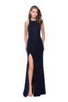 Sleeveless Slit Back Zipper Open-Back Fitted Beaded Sheath Natural Waistline Halter Floor Length Short General Print Velvet Sheath Dress