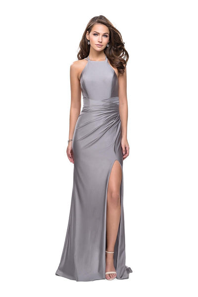 Sexy Sleeveless Wrap Ruched Slit Back Zipper Draped Open-Back Jersey Sheath Basque Natural Waistline Halter Sheath Dress/Party Dress with a Brush/Sweep Train