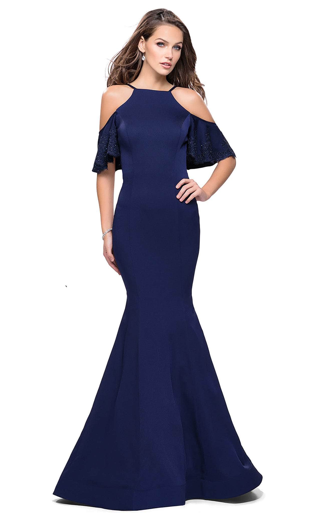 La Femme - 26145 Lace Trimmed High Halter Satin Mermaid Gown
