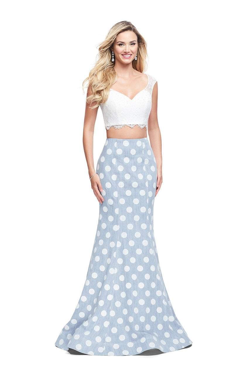 La Femme - 26206 Two Piece Lace and Denim Polka Dot Trumpet Gown
