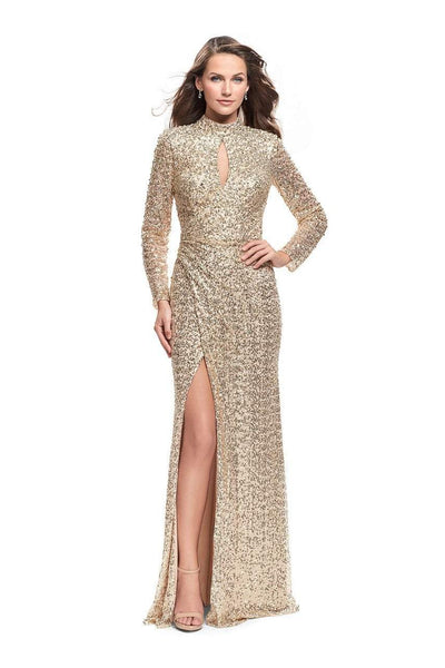Sexy Sophisticated Sheath Natural Waistline Long Sleeves High-Neck Floor Length Slit Keyhole Fitted Sequined Wrap Open-Back Back Zipper Sheath Dress/Evening Dress/Party Dress with a Brush/Sweep Train