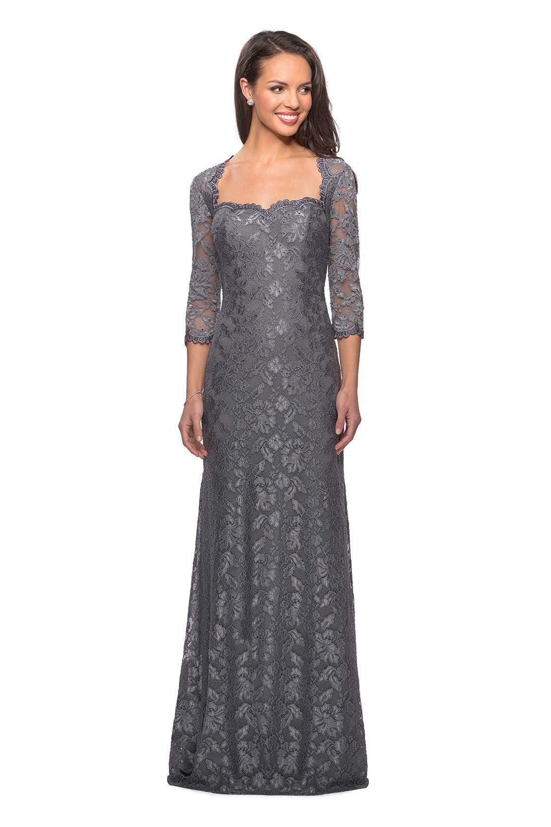 La Femme - 26427 Floral Lace Sheer Quarter Sleeve Sheath Gown
