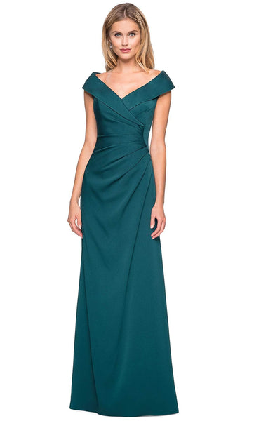 A-line V-neck Floor Length Satin Bateau Neck Back Zipper Pleated Ruched Asymmetric Cap Sleeves Natural Waistline Evening Dress/Mother-of-the-Bride Dress