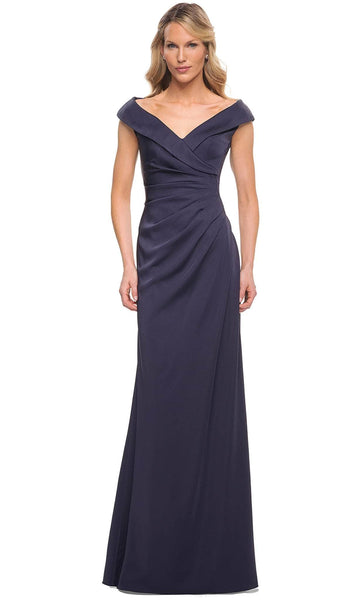 A-line V-neck Bateau Neck Pleated Asymmetric Back Zipper Ruched Natural Waistline Satin Floor Length Cap Sleeves Evening Dress/Mother-of-the-Bride Dress