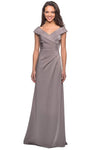 A-line V-neck Cap Sleeves Satin Pleated Back Zipper Ruched Asymmetric Natural Waistline Floor Length Bateau Neck Evening Dress/Mother-of-the-Bride Dress