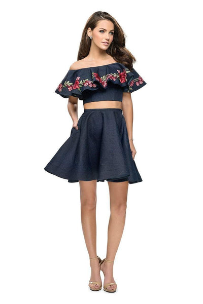 A-line Short Denim Off the Shoulder Natural Waistline Back Zipper Applique Pocketed Floral Print Dress With Ruffles