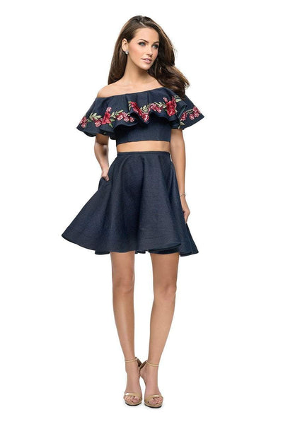 A-line Floral Print Natural Waistline Off the Shoulder Short Applique Back Zipper Pocketed Denim Dress With Ruffles