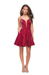 A-line V-neck Sheer Fitted Back Zipper Wrap Short Plunging Neck Sleeveless Spaghetti Strap Satin Natural Waistline Dress