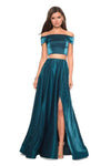 Sophisticated A-line V-neck Strapless Satin Two-Toned Print Off the Shoulder Natural Waistline Open-Back Back Zipper Fitted Slit Dress with a Brush/Sweep Train