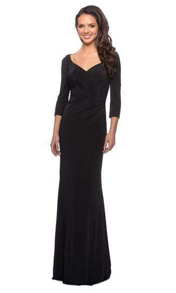 V-neck Ruched Fitted Back Zipper Natural Waistline Plunging Neck Sheath 3/4 Sleeves Floor Length Sheath Dress with a Brush/Sweep Train