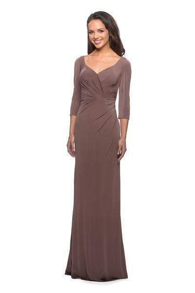 V-neck Plunging Neck 3/4 Sleeves Natural Waistline Floor Length Fitted Back Zipper Ruched Sheath Sheath Dress with a Brush/Sweep Train