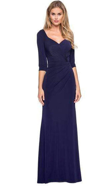 V-neck Natural Waistline Fitted Back Zipper Ruched Floor Length 3/4 Sleeves Sheath Plunging Neck Sheath Dress with a Brush/Sweep Train