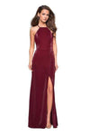 Sexy A-line Jersey Back Zipper Slit Ruched Open-Back Fitted Two-Toned Print Halter Natural Waistline Sheath Floor Length Sleeveless Sheath Dress