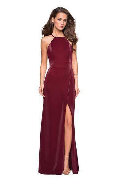 Sexy A-line Natural Waistline Floor Length Halter Jersey Sheath Two-Toned Print Sleeveless Slit Fitted Back Zipper Open-Back Ruched Sheath Dress