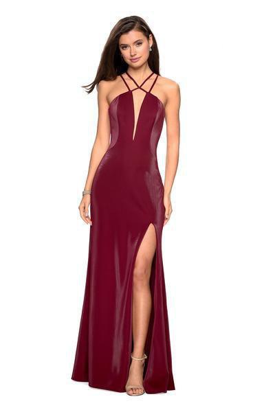 Sexy A-line Two-Toned Print Halter Floor Length Natural Waistline Back Zipper Open-Back Fitted Slit Cutout Jersey Evening Dress with a Brush/Sweep Train