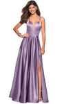 Sexy A-line V-neck Sleeveless Back Zipper Fitted Slit Illusion Mesh Satin Empire Waistline Plunging Neck Full-Skirt Floor Length Evening Dress