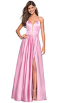 Sexy A-line V-neck Floor Length Empire Waistline Sleeveless Plunging Neck Satin Back Zipper Slit Illusion Mesh Fitted Full-Skirt Evening Dress