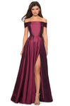 Sophisticated A-line Satin Pleated Back Zipper Fitted Slit Cap Sleeves Off the Shoulder Floor Length Straight Neck Natural Waistline Prom Dress