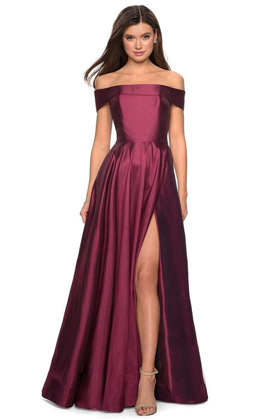 Sophisticated A-line Straight Neck Satin Cap Sleeves Off the Shoulder Natural Waistline Floor Length Back Zipper Fitted Pleated Slit Prom Dress