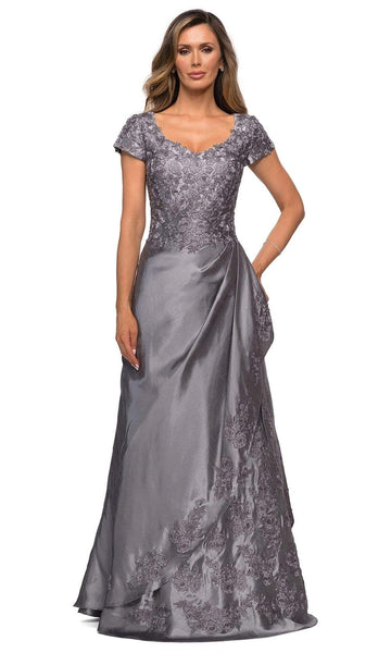 Sophisticated Modest A-line V-neck Satin Floral Print Short Sleeves Sleeves Floor Length Natural Waistline Back Zipper Wrap Mother-of-the-Bride Dress