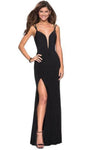 Plunging Neck Sweetheart Illusion Back Zipper Slit Sheer Floor Length Sheath Jersey Natural Waistline Sleeveless Spaghetti Strap Sheath Dress with a Brush/Sweep Train