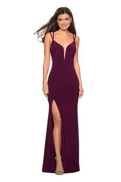 Sleeveless Spaghetti Strap Slit Sheer Illusion Back Zipper Sheath Jersey Plunging Neck Sweetheart Natural Waistline Floor Length Sheath Dress with a Brush/Sweep Train