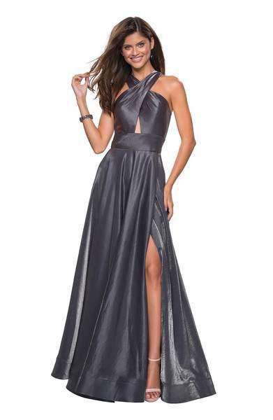 A-line V-neck Floor Length Natural Waistline Sleeveless Back Zipper Slit Cutout Ruched Halter Satin Two-Toned Print Dress