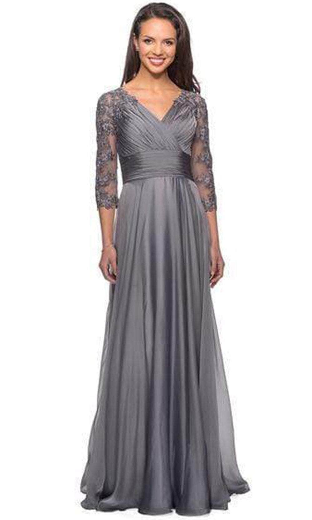 La Femme - 27153 Sheer Lace Quarter Sleeves Empire Waist Chiffon Gown
