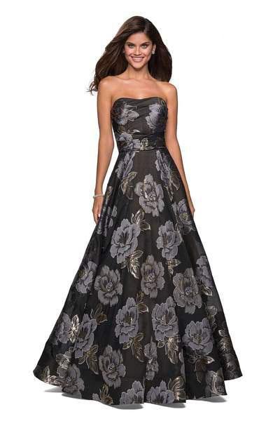 Tall A-line Strapless Floral Print Floor Length Sweetheart Natural Waistline Metallic Jacquard Fitted Open-Back Back Zipper Pleated Evening Dress/Party Dress