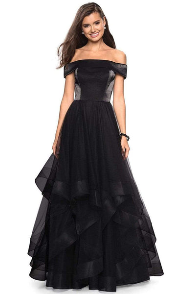A-line Tulle Back Zipper Fitted Pleated Tiered Open-Back Floor Length Off the Shoulder Natural Waistline Evening Dress