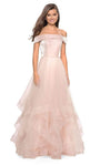 A-line Off the Shoulder Open-Back Pleated Back Zipper Fitted Tiered Natural Waistline Floor Length Tulle Evening Dress