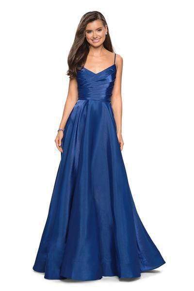 La Femme - 27226 Pleated V-neck Satin A-line Dress
