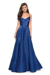 A-line V-neck Satin Floor Length Sleeveless V Back Back Zipper Pleated Pocketed Natural Waistline Evening Dress