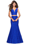 V-neck Fit-and-Flare Mermaid Lace Fitted Mesh V Back Sheer Back Zipper Plunging Neck Sleeveless Empire Waistline Prom Dress With Rhinestones