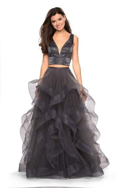 V-neck Plunging Neck Empire Waistline Sleeveless Striped Print Tulle Back Zipper Asymmetric Open-Back Tiered Beaded Illusion Floor Length Dress With Rhinestones